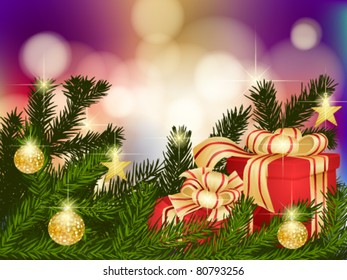 Fir branches with Christmas gifts, baubles and stars