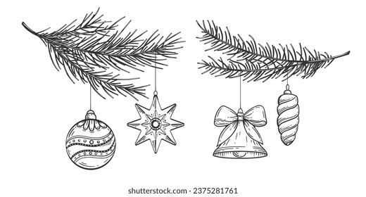 Fir branches with Christmas toys. New Year's toys on the tree. Holiday decorations ,drawing. Vector illustration.