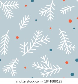 Fir branches with colored dots seamless pattern. Illustration of green shades. White background. Perfect for Christmas cards, invitations, decorations, textiles and more.