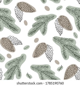 fir branches and cones. Forest theme. Seamless pattern, drawn by hand. For paper, cover, fabric, gift wrapping, wall painting, interior decor. Vector