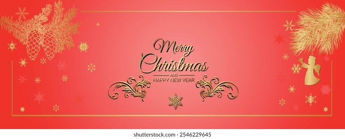 Tannenzweige mit goldenem Farbverlauf auf Postkarte auf rotem Hintergrund wünschen Ihnen ein frohes neues Jahr und Weihnachten
