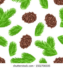 Fir branches and cones on a white background. Seamless pattern with green spruce needles. Vector illustration in cartoon simple flat style.