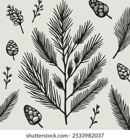 fir branches, coniferous tree, linear pine cones, pine, 
background with Christmas pattern, festive background, 
patterned Christmas background, pine needles

