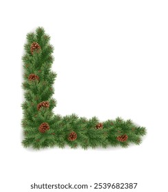 Fir branches corner frame with pine-cones realistic vector icon. Fresh spruce ornament for Christmas holidays 3d object illustration on white