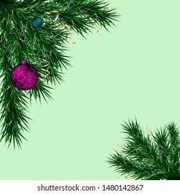 Fir branches in the corners. Vector illustration. New Year concept. Background. Postcard. Isolated on a green background. There is a place for text. Vector EPS10.