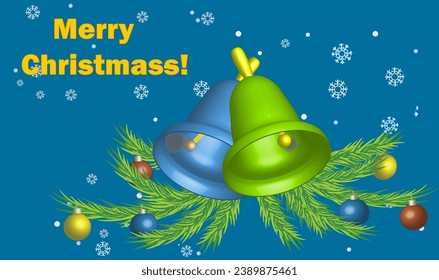 Ramas de flores decoradas con globos y dos campanas sobre un fondo azul. La inscripción ¡Feliz Navidad! Imagen vectorial para las vacaciones de Navidad.