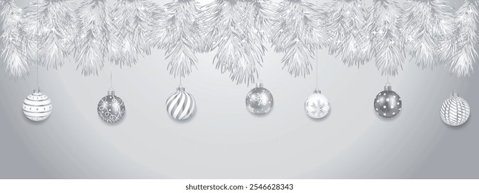 fir branches and festive balloons with a silver gradient on a white background wish you a Happy New Year and Christmas