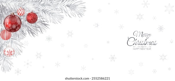 fir branches and festive red balls with a silver gradient on a white background wish you a Happy New Year and Christmas