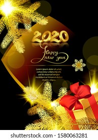 Fir branches, a gift with a bow and twinkling lights on a winter background. Decorative greeting card happy new year 2020 and merry Christmas. Advertising banner for trade and sale