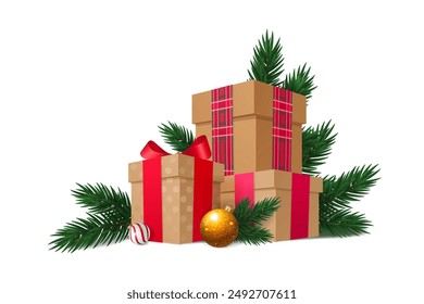 Fir branches with gift boxes. Christmas decoration isolated on white background.	