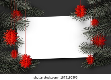Fir branches with hanging red covid-19 Christmas tree toys. Space for text. Vector illustration.
