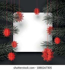 Fir branches with hanging red covid-19 Christmas tree toys. Space for text. Vector illustration.
