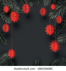 Fir branches with hanging red covid-19 Christmas tree toys. Space for text. Vector illustration.