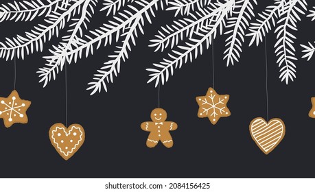 Fir branches with holiday decorations. Seamless border. Christmas cookies on the tree. There is a gingerbread man, stars and hearts in the picture. Vector illustration on a dark blue background