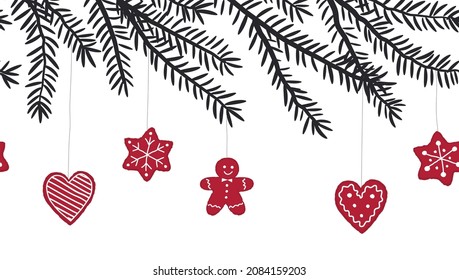 Fir branches with holiday decorations. Seamless border. Christmas cookies on the tree. There is a gingerbread man, stars and hearts in the picture. Vector illustration on a white background