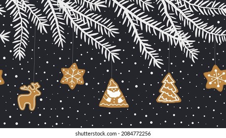 Fir branches with holiday decorations. Seamless border. Christmas cookies on the tree. There is a Santa Claus, a deer and stars in the picture. Vector illustration on a dark blue background