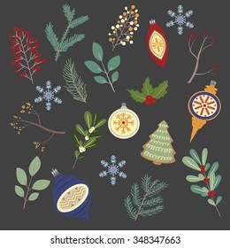 fir branches, mistletoe, Christmas ornaments