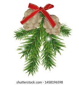 Fir branches and pine cones with red ribbon isolated on white background. Christmas and New year decoration. Vector illustration.