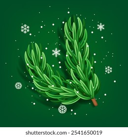 Fir branches. Pinheiro ramos em um fundo verde com flocos de neve. Clipart de vetor isolado no plano de fundo branco. 