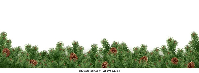 Fir branches and pinecones arranged in garland realistic vector icon. Christmas frame of coniferous twigs 3d object illustration on white