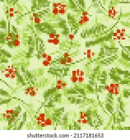 Fir branches pixel art pattern seamless. 8bit New Year and Christmas background
