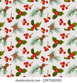 Fir branches and red berries.Seamless vector pattern with red berries and Christmas tree branches on a colored background.