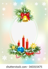 Fir branches, red ribbon and golden bell. Christmas card template. Illustration in vector format