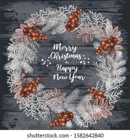 Fir branches, Rowan berries, thuja in a winter wreath. Decorative greeting card happy New year and merry Christmas. Advertising banner for trade and sale
