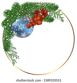 Fir branches, Rowan berries, thuja, a ball in a winter wreath. Decorative greeting card happy New year and merry Christmas. Advertising banner for trade and sale