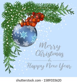 Fir branches, Rowan berries, thuja, ball in Winter composition. Decorative greeting card happy New year and merry Christmas. Advertising banner for trade and sale