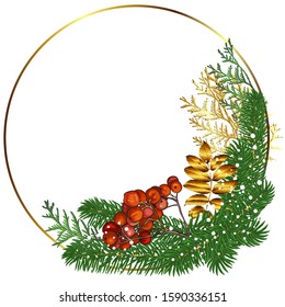 Fir branches, Rowan berries, thuja, in a winter wreath, corner. Decorative greeting card happy New year and merry Christmas. Advertising banner for trade and sale