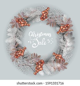 Ramas de flores, bayas de Rowan, thuja en una corona de invierno. Una tarjeta de felicitación decorativa feliz Año Nuevo y feliz Navidad. Banner publicitario para comercio y venta