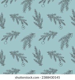 Fir branches seamless pattern vector illustration. Repeating Christmas decorative ornament winter motive. Hand drawn festive background for Xmas, greeting card, textile, wrapping, template. Boho style