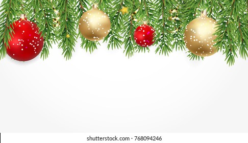 Fir Branches with Snow and Balls. Merry Christmas and New Year Winter Background. Vector Illustration EPS10
