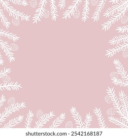 Fir Branches Square Frame. Winter Holiday Background. Christmas Greeting Card Template. Fir Tree Branches with Pine Cones. Free Space for Your Text. Vector Illustration on Pink Background