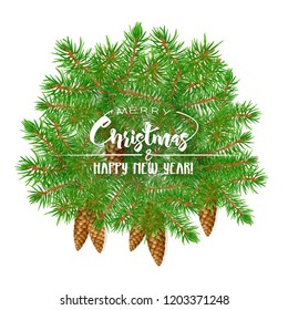 Fir branches. Template for greeting card for merry christmas and New Year,  invitation or sale banner, gift voucher. Isolated on white background. Colored vector illustration.
