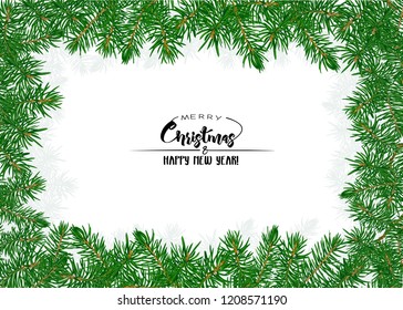 Fir branches. Template for greeting card for merry christmas and New Year,  invitation or sale banner, gift voucher. Isolated on white background. Colored vector illustration.
