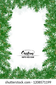 Fir branches. Template for greeting card for merry christmas and New Year,  invitation or sale banner, gift voucher. Isolated on white background. Colored vector illustration.
