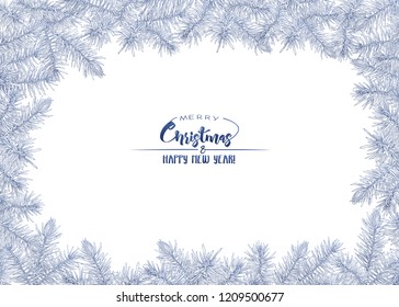 Fir branches. Template for greeting card for merry christmas and New Year,  invitation or gift voucher. Isolated on white background. Graphic drawing, engraving style. vector illustration.
