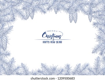 Fir branches. Template for greeting card for merry christmas and New Year,  invitation or gift voucher. Isolated on white background. Graphic drawing, engraving style. vector illustration.
