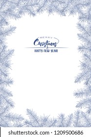 Fir branches. Template for greeting card for merry christmas and New Year,  invitation or gift voucher. Isolated on white background. Graphic drawing, engraving style. vector illustration.
