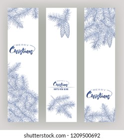 Fir branches. Template for greeting card for merry christmas and New Year,  invitation or gift voucher. Isolated on white background. Graphic drawing, engraving style. vector illustration.
