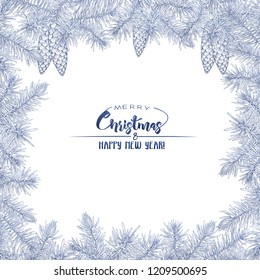 Fir branches. Template for greeting card for merry christmas and New Year,  invitation or gift voucher. Isolated on white background. Graphic drawing, engraving style. vector illustration.
