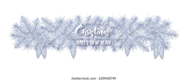 Fir branches. Template for greeting card for merry christmas and New Year,  invitation or gift voucher. Isolated on white background. Graphic drawing, engraving style. vector illustration.
