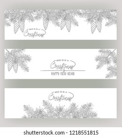 Fir branches. Template for greeting card for merry christmas and New Year,  invitation or sale banner, gift voucher. Isolated on white background. Outline hand drawing vector illustration.
