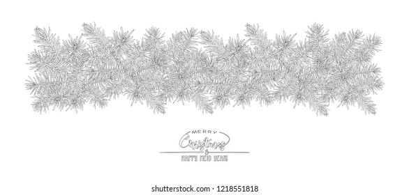 Fir branches. Template for greeting card for merry christmas and New Year,  invitation or sale banner, gift voucher. Isolated on white background. Outline hand drawing vector illustration.
