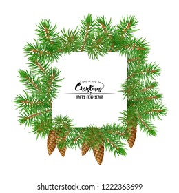 Fir branches. Template for greeting card for merry christmas and New Year,  invitation or sale banner, gift voucher. Isolated on white background. Colored vector illustration.

