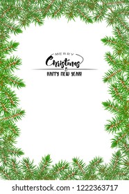 Fir branches. Template for greeting card for merry christmas and New Year,  invitation or sale banner, gift voucher. Isolated on white background. Colored vector illustration.
