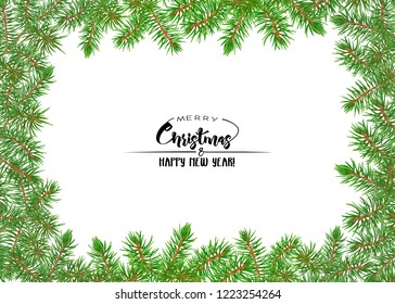 Fir branches. Template for greeting card for merry christmas and New Year,  invitation or sale banner, gift voucher. Isolated on white background. Colored vector illustration.
