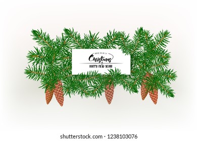 Fir branches. Template for greeting card for merry christmas and New Year,  invitation or sale banner, gift voucher. Isolated on white background. Colored vector illustration.
